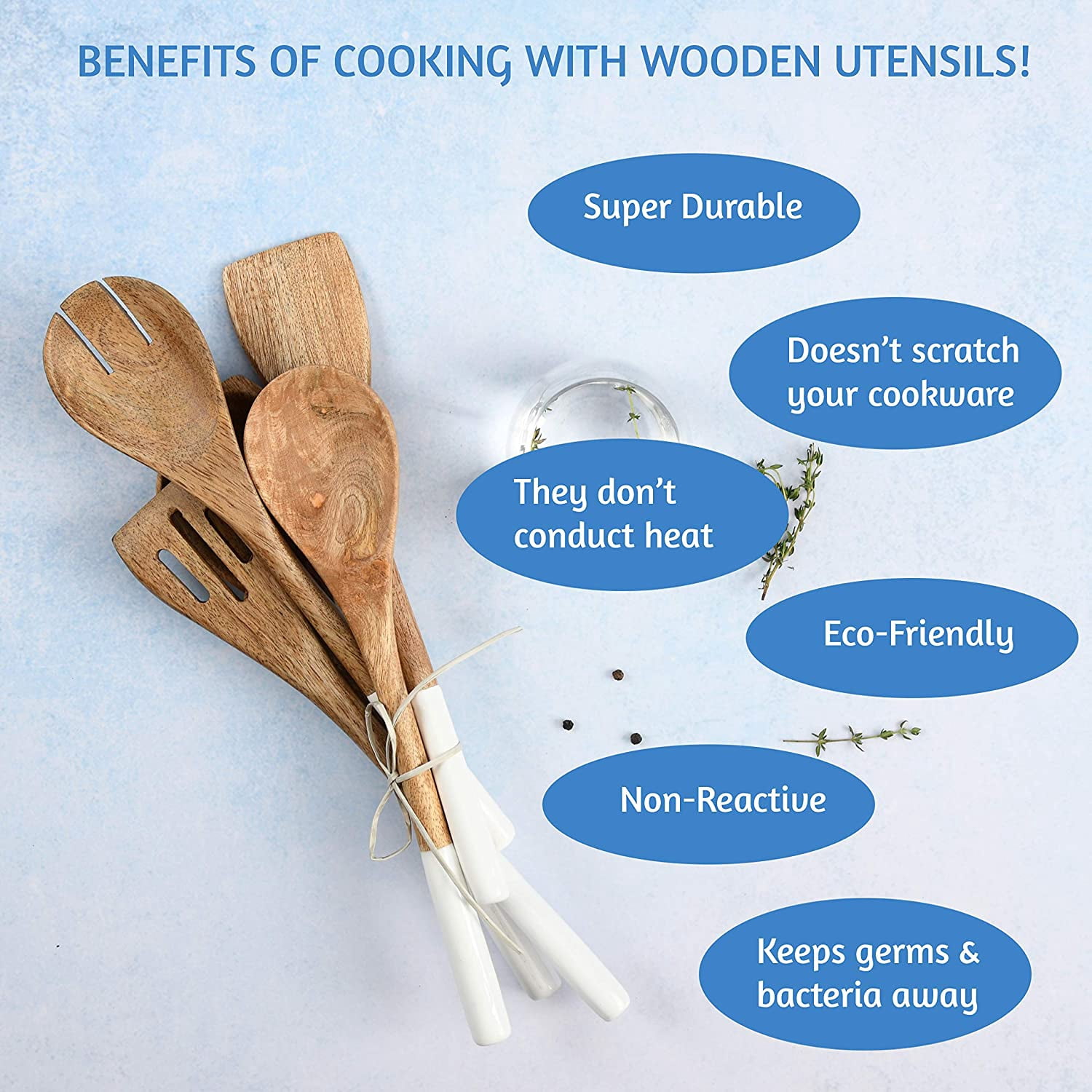 Folkulture Wooden Spoons for Cooking Set for Kitchen, Non Stick Cookware Tools or Utensils, Set of 5 - 12 inches long, Acacia Wood, White - Image 5