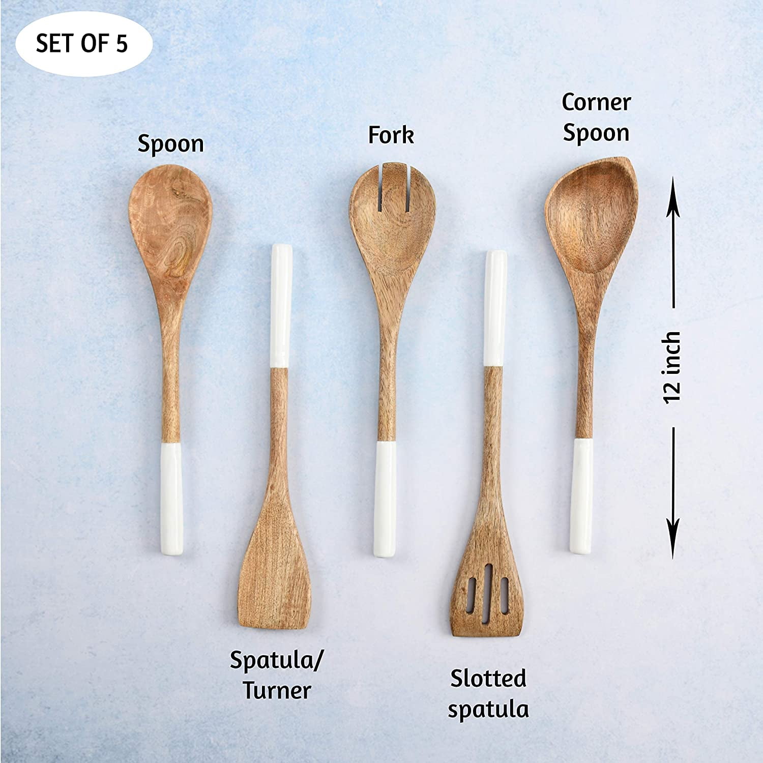 Folkulture Wooden Spoons for Cooking Set for Kitchen, Non Stick Cookware Tools or Utensils, Set of 5 - 12 inches long, Acacia Wood, White - Image 3