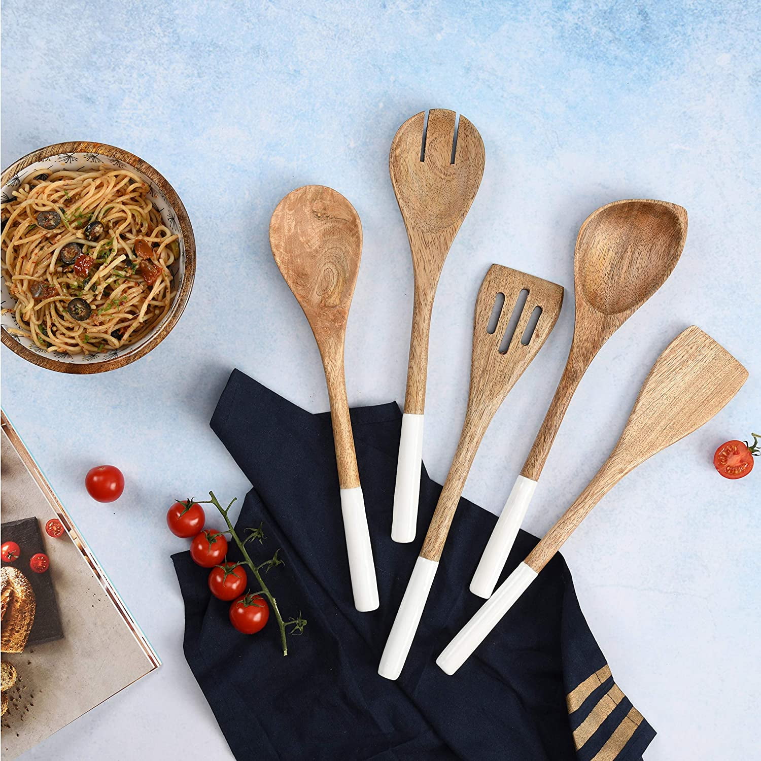Folkulture Wooden Spoons for Cooking Set for Kitchen, Non Stick Cookware Tools or Utensils, Set of 5 - 12 inches long, Acacia Wood, White - Image 2