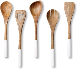 Folkulture Wooden Spoons for Cooking Set for Kitchen, Non Stick Cookware Tools or Utensils, Set of 5 - 12 inches long, Acacia Wood, White
