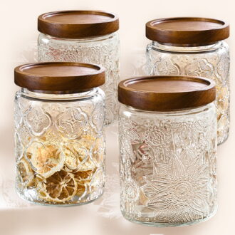 FORHVIPS 24 oz/4 Pcs Clear Glass Spice Jars with Bamboo Lids,Vintage Wide Mouth Canning Jars Sets for Kitchen Canisters, Sugar, Flour, Candy, Tea, Coffee Beans, Oats, Grain Bin
