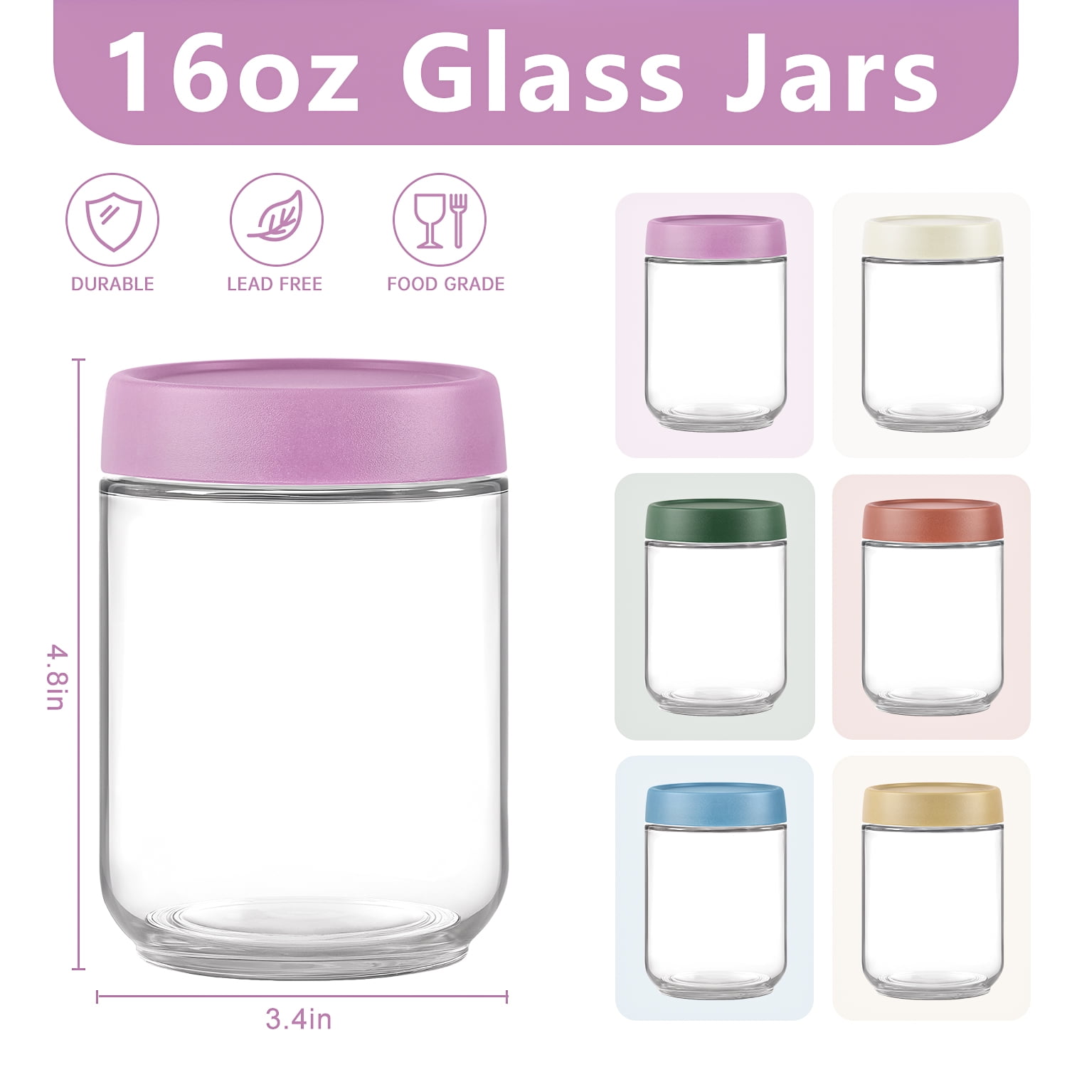 FOUKUS 6 Pack 16oz Glass Mason Jars with Airtight Lids: Overnight Oats Containers with Lids, Meal Prep Jars for Salad, Yogurt, Chia Pudding, Small Food Storage Cups for Breakfast On-the-Go - Image 3