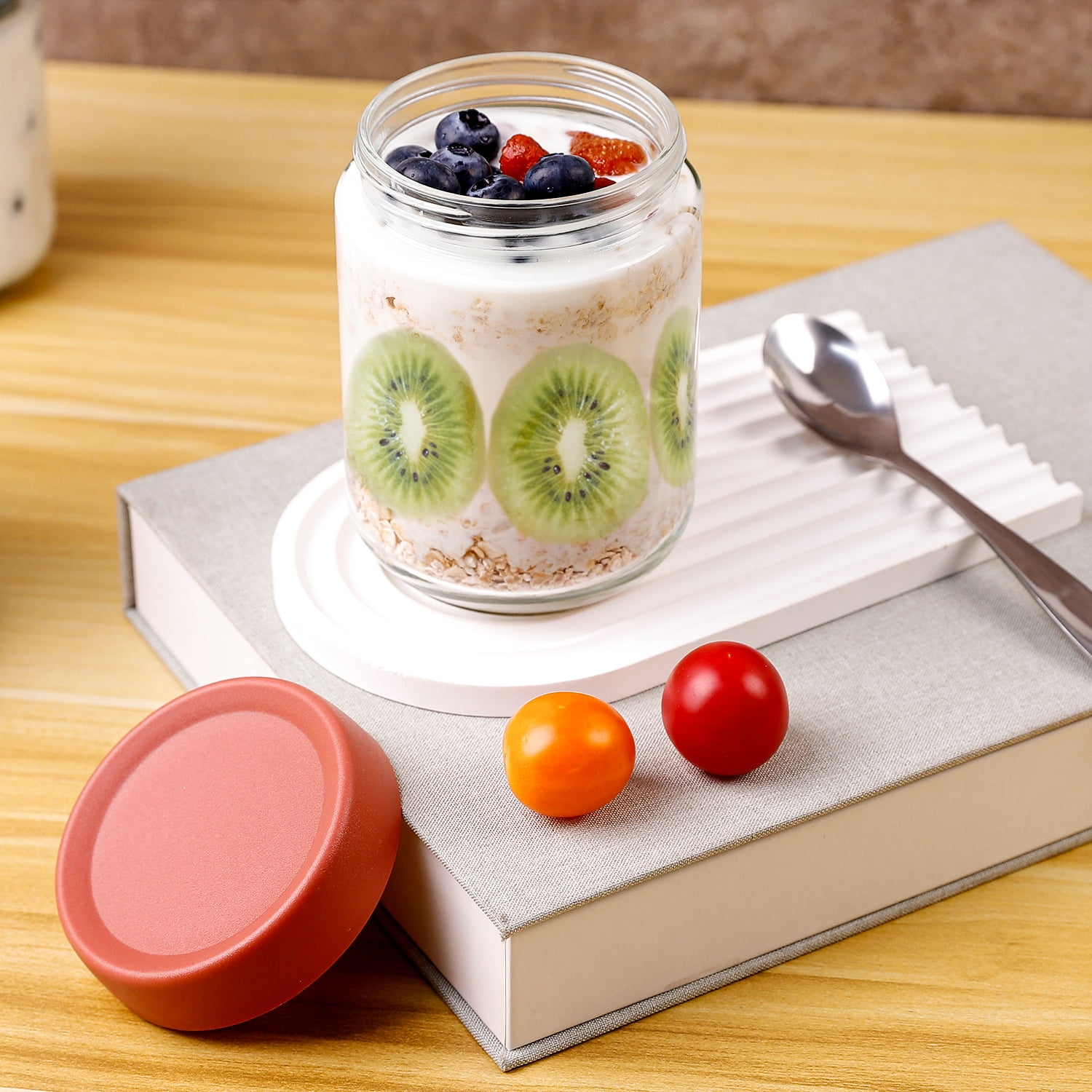 FOUKUS 6 Pack 16oz Glass Mason Jars with Airtight Lids: Overnight Oats Containers with Lids, Meal Prep Jars for Salad, Yogurt, Chia Pudding, Small Food Storage Cups for Breakfast On-the-Go - Image 4