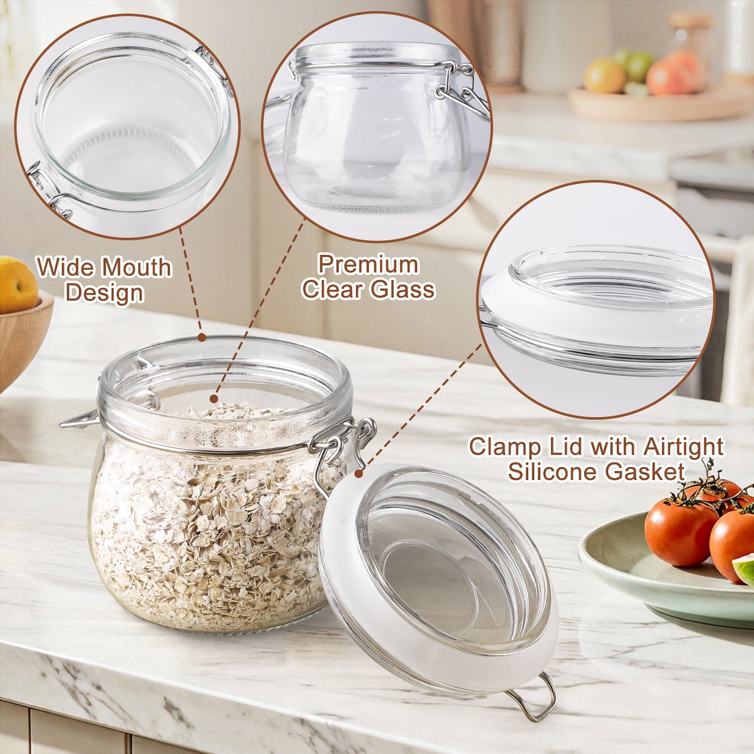 FOUKUS Glass Jars with Airtight Lid 6 Pack: 17oz Food Storage Containers with Lids, Clear Round Canisters, Spice Jars with Clamp for Sugar, Coffee, Pasta, Beans, Cereal, Pantry Organization - Image 4