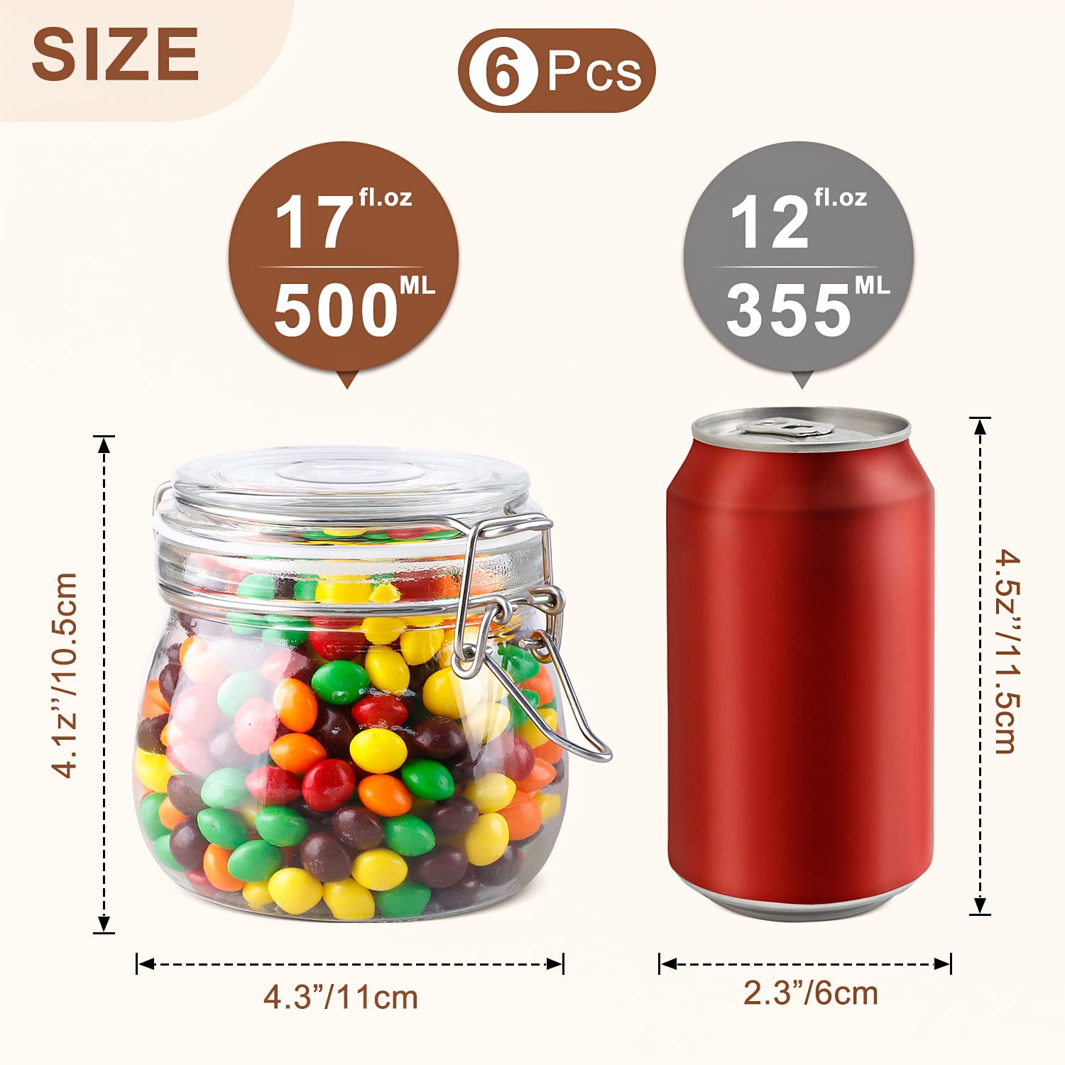 FOUKUS Glass Jars with Airtight Lid 6 Pack: 17oz Food Storage Containers with Lids, Clear Round Canisters, Spice Jars with Clamp for Sugar, Coffee, Pasta, Beans, Cereal, Pantry Organization - Image 2