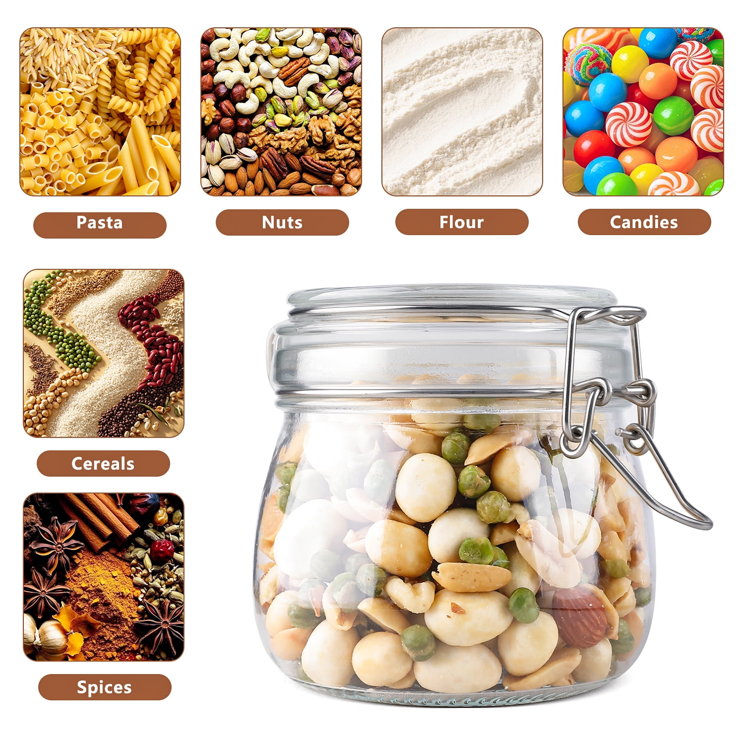 FOUKUS Glass Jars with Airtight Lid 6 Pack: 17oz Food Storage Containers with Lids, Clear Round Canisters, Spice Jars with Clamp for Sugar, Coffee, Pasta, Beans, Cereal, Pantry Organization - Image 5