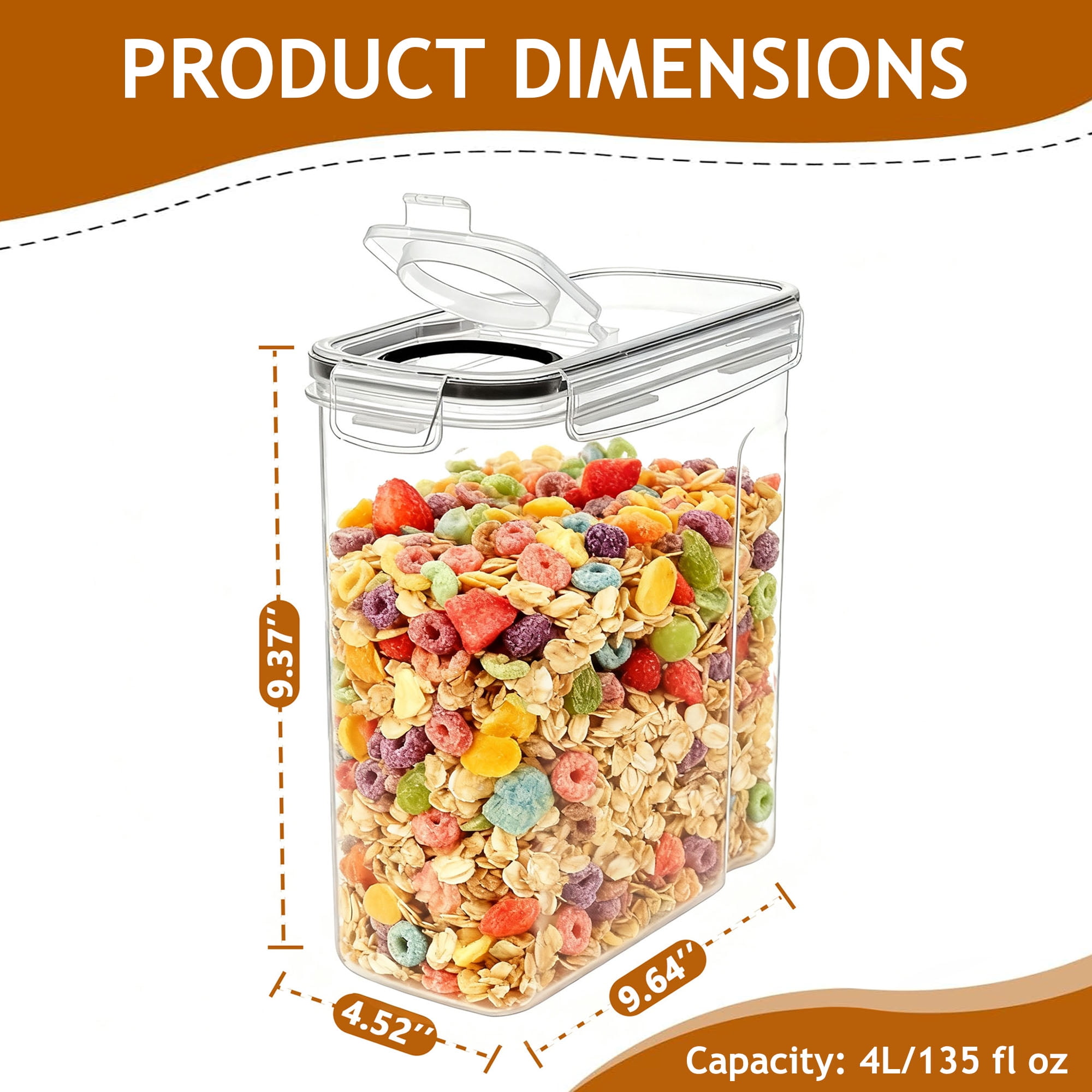 GARITIN Cereal Container, Airtight Food Storage Containers, Plastic Cereal Storage Containers with Lids, Cereal Dispenser Keeper for Dry Food, Kitchen Pantry Organization Containers, 135 fl oz - Image 4