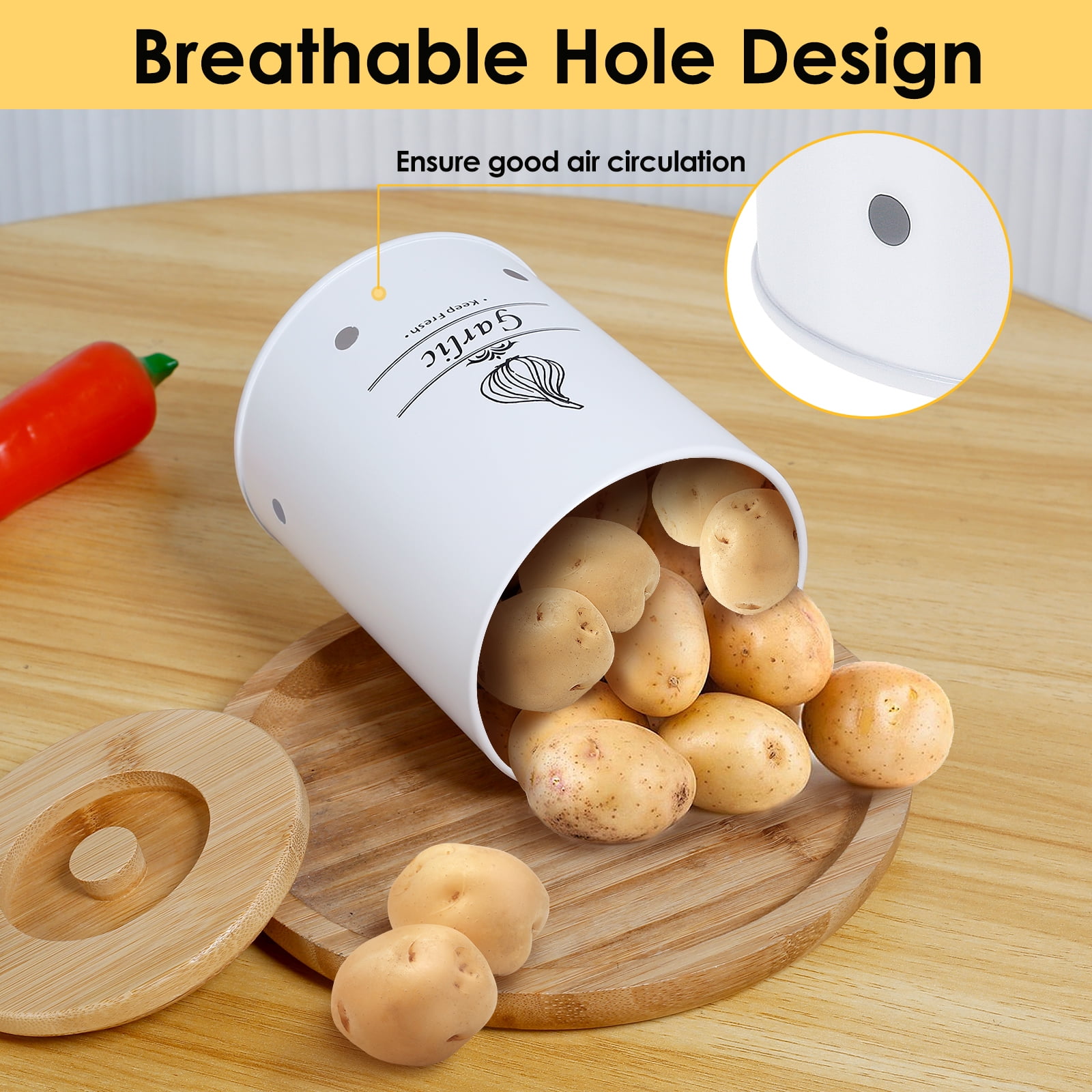 Garlic Keeper Fresh Keeping Versatile Garlic Holder Garlic Storage Box with Wood Lid Ventilated Garlic Storage Container Large Capacity Garlic Saver for Kitchens - Image 5