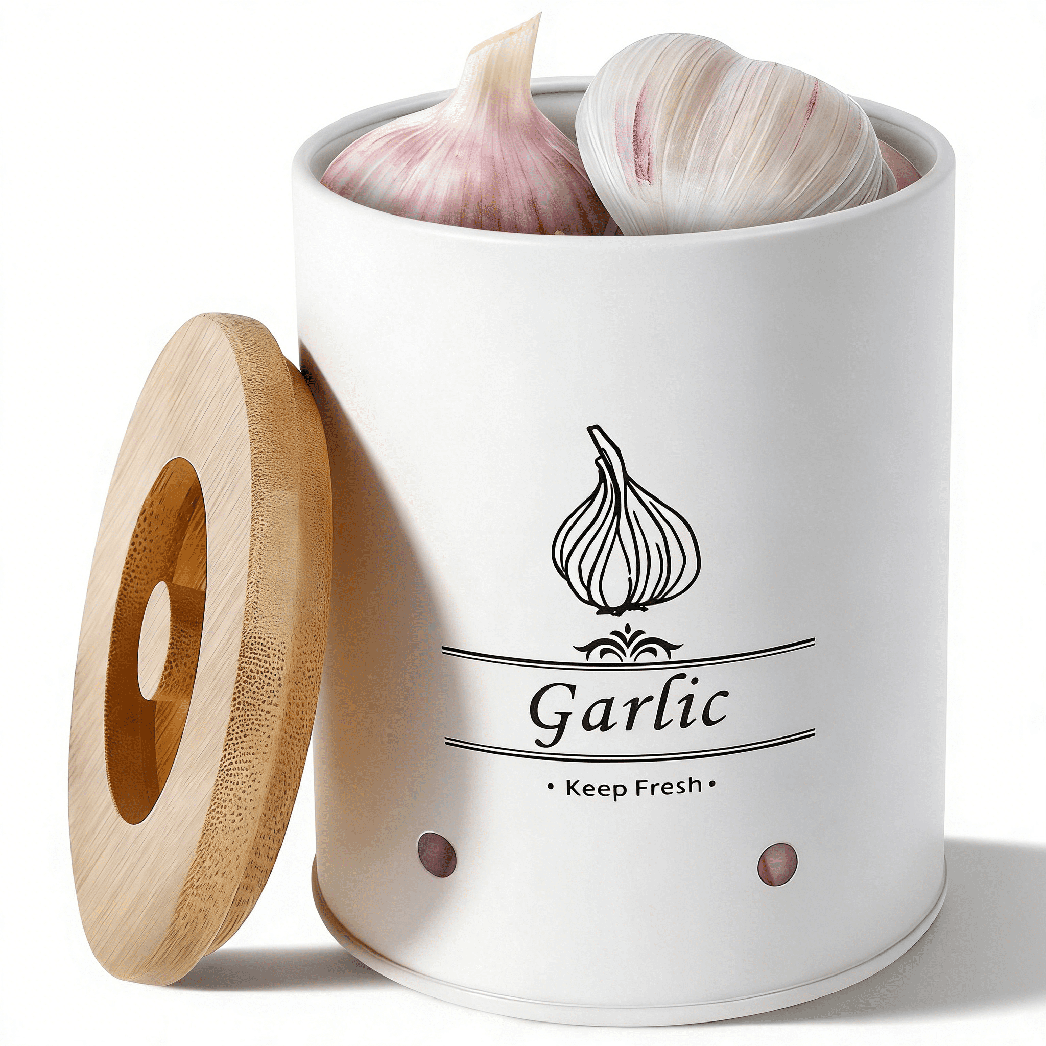 Garlic Keeper Fresh Keeping Versatile Garlic Holder Garlic Storage Box with Wood Lid Ventilated Garlic Storage Container Large Capacity Garlic Saver for Kitchens