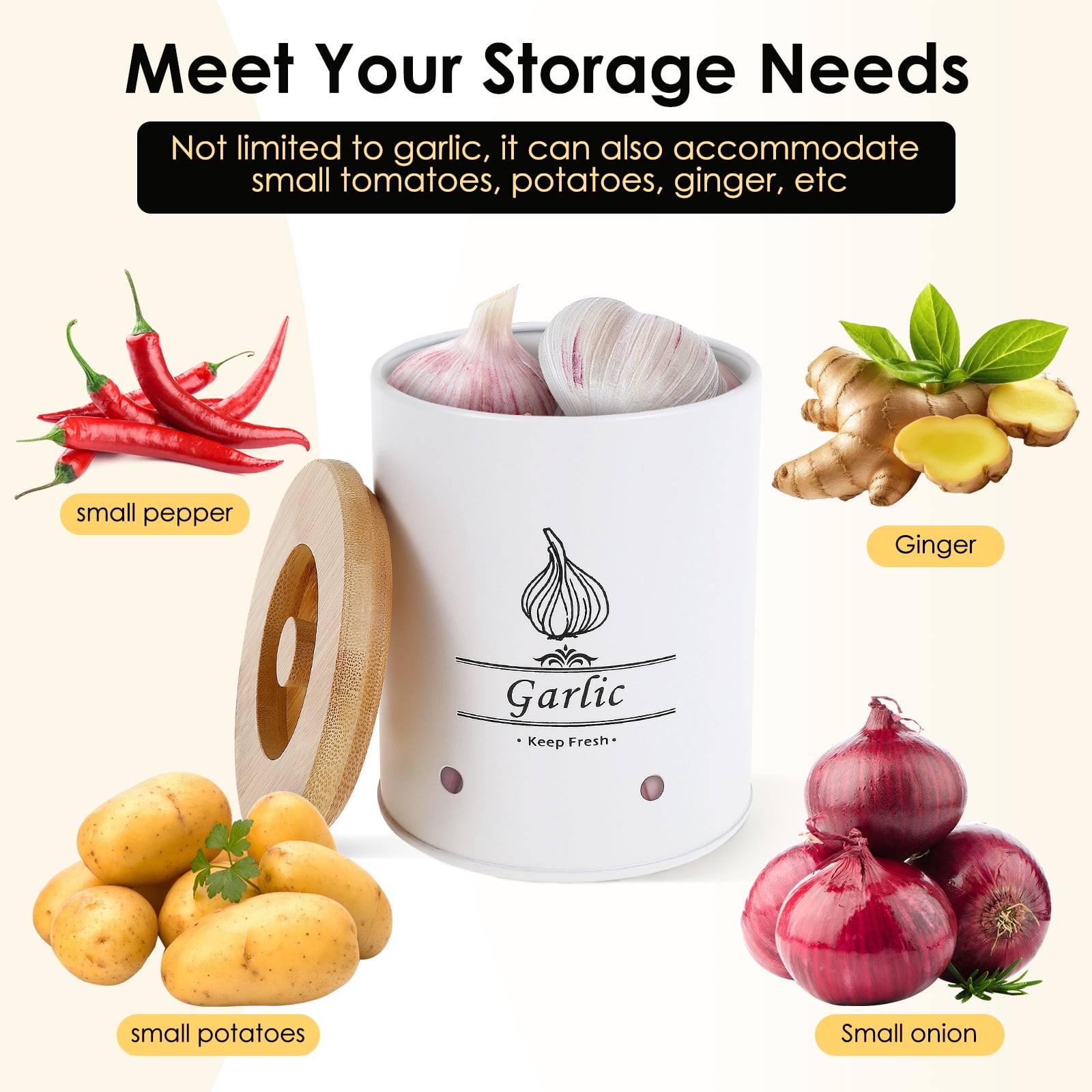 Garlic Keeper Fresh Keeping Versatile Garlic Holder Garlic Storage Box with Wood Lid Ventilated Garlic Storage Container Large Capacity Garlic Saver for Kitchens - Image 3