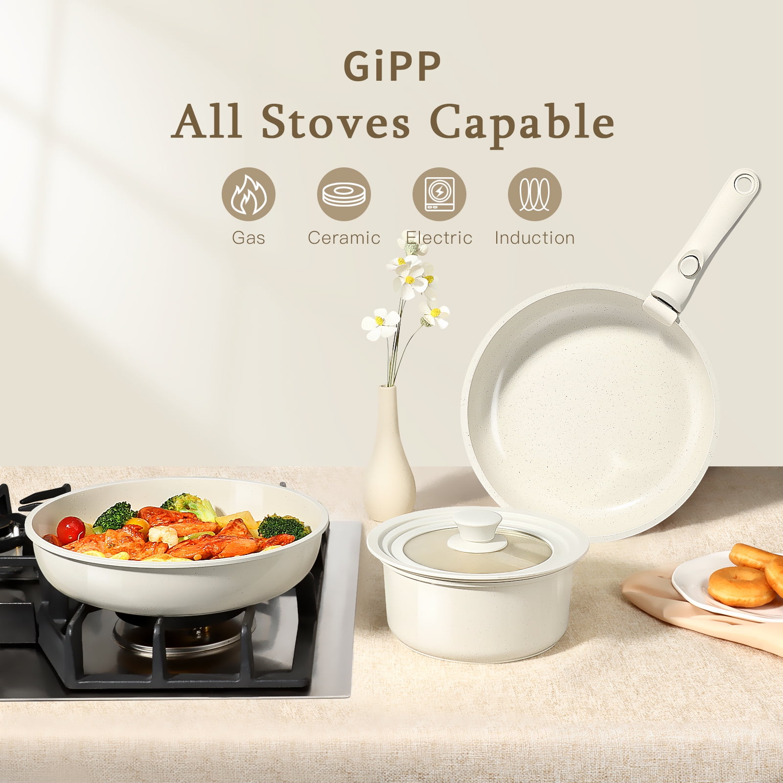 GIPP 11 Pcs Ceramic Nonstick Cookware Sets,Pots and Pans Set Non Stick with Removable Handle, Oven Dishwashers Safe,Kitchen Cooking Set - Image 2