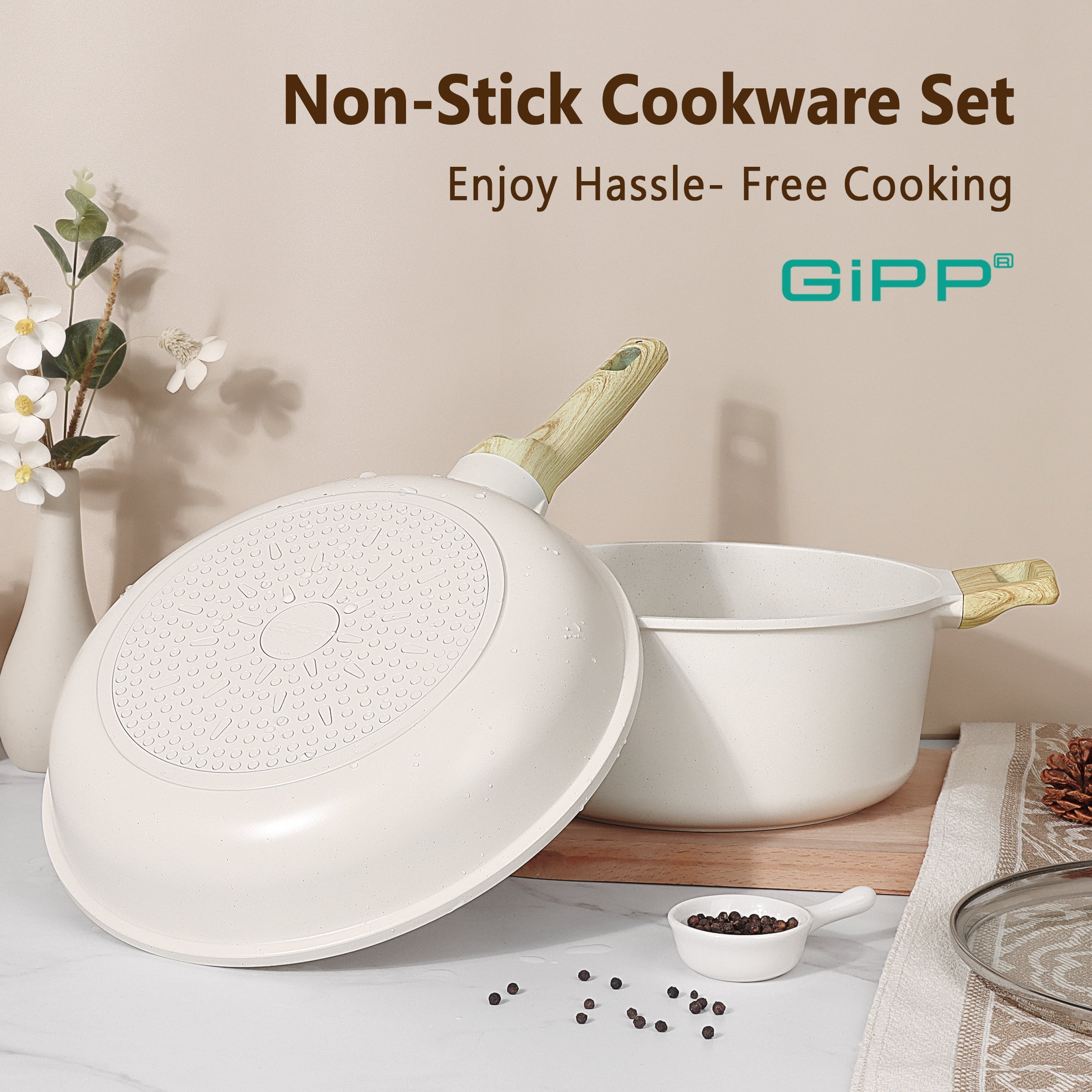 GIPP 18 Piece Kitchen Ceramic Cookware Sets with 11inch Frying Pan,Pots and Pans Set Non stick ,Dishwasher Safe Induction Compatible, Kitchen Cooking Set - Image 4