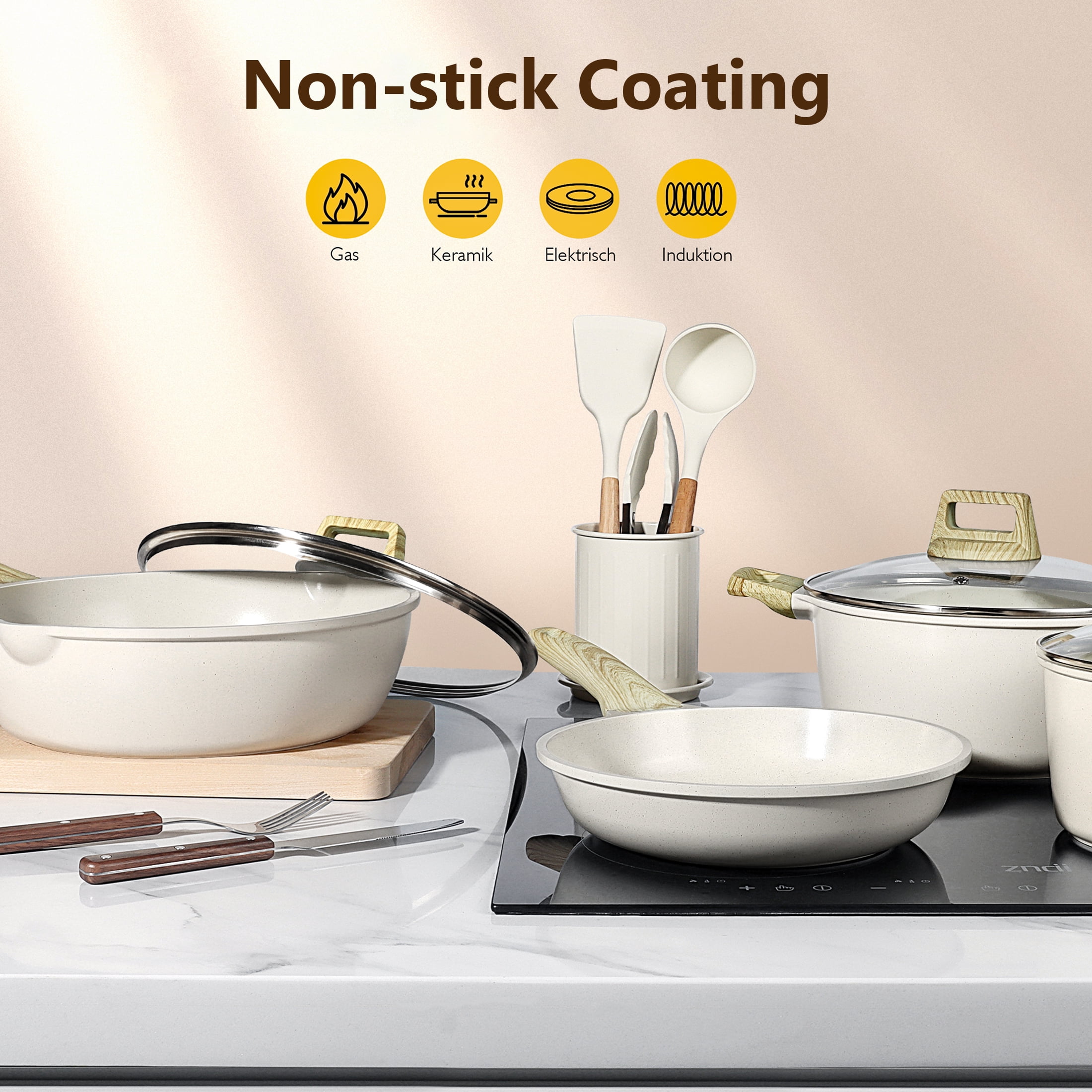 GIPP 18 Piece Kitchen Ceramic Cookware Sets with 11inch Frying Pan,Pots and Pans Set Non stick ,Dishwasher Safe Induction Compatible, Kitchen Cooking Set - Image 3