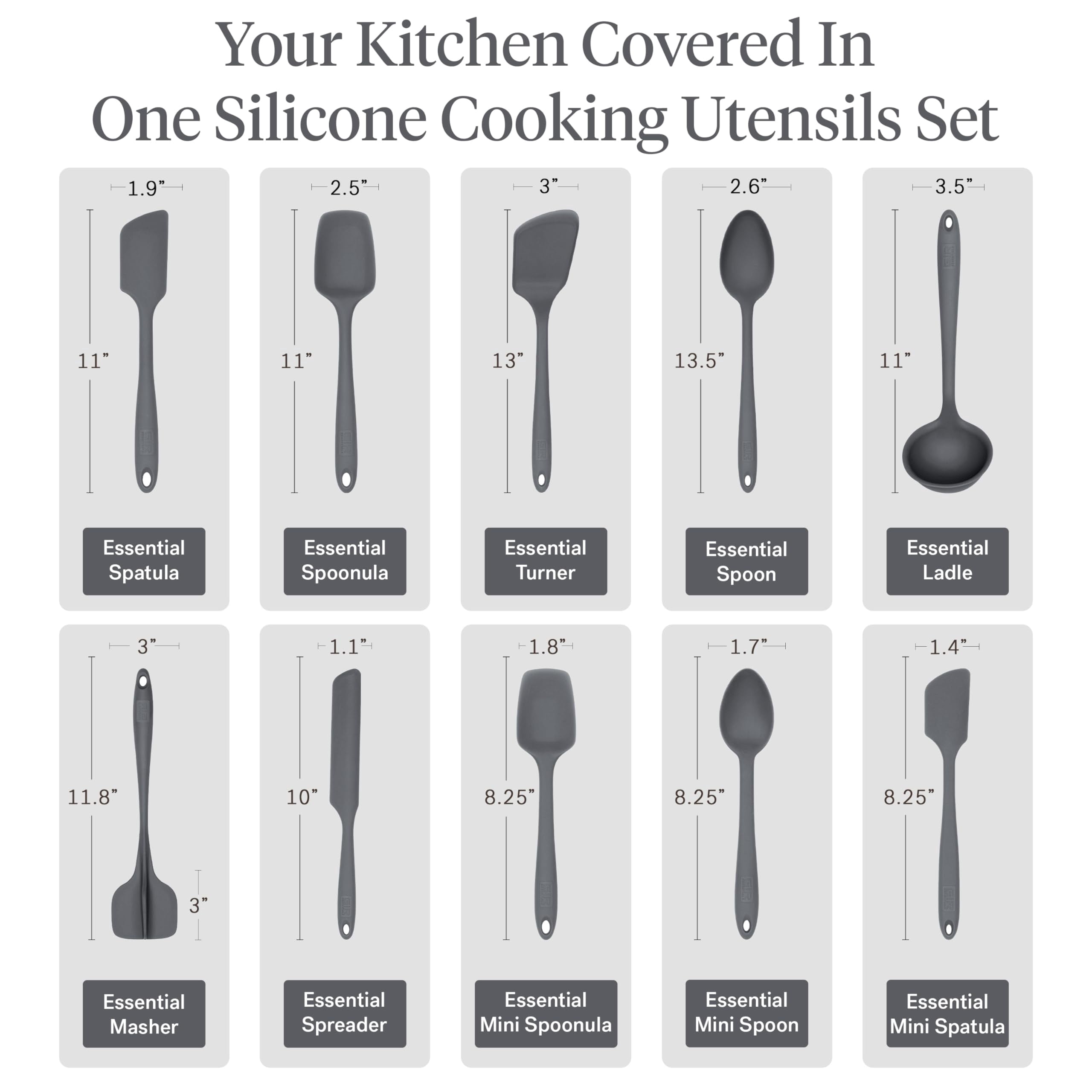 GIR Get It Right 10 Piece Essentials Silicone Cooking Utensils Set Nonstick 425°F Heat Resistant Kitchen Utensils Set for Cooking and Baking, Charcoal - Image 4
