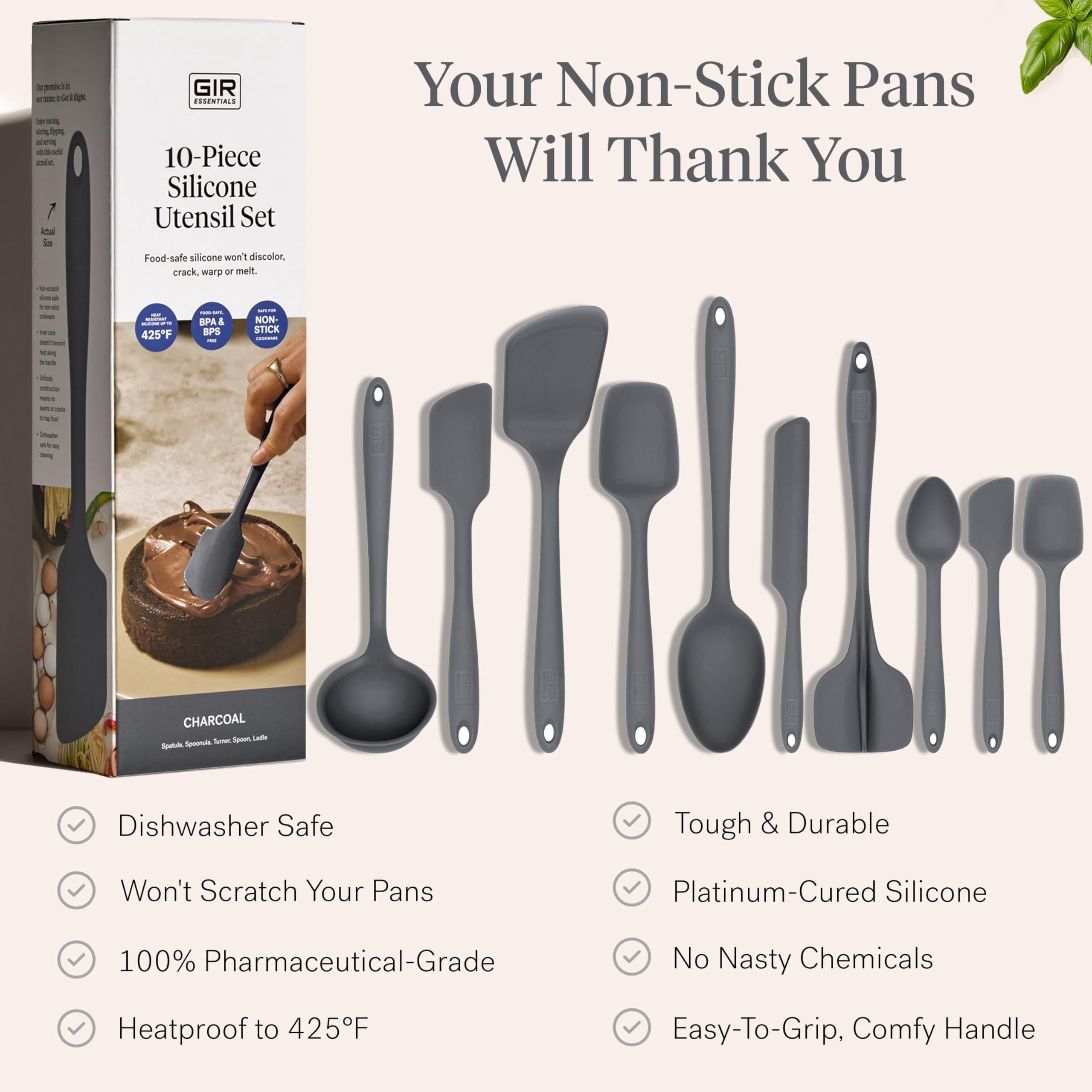 GIR Get It Right 10 Piece Essentials Silicone Cooking Utensils Set Nonstick 425°F Heat Resistant Kitchen Utensils Set for Cooking and Baking, Charcoal - Image 5
