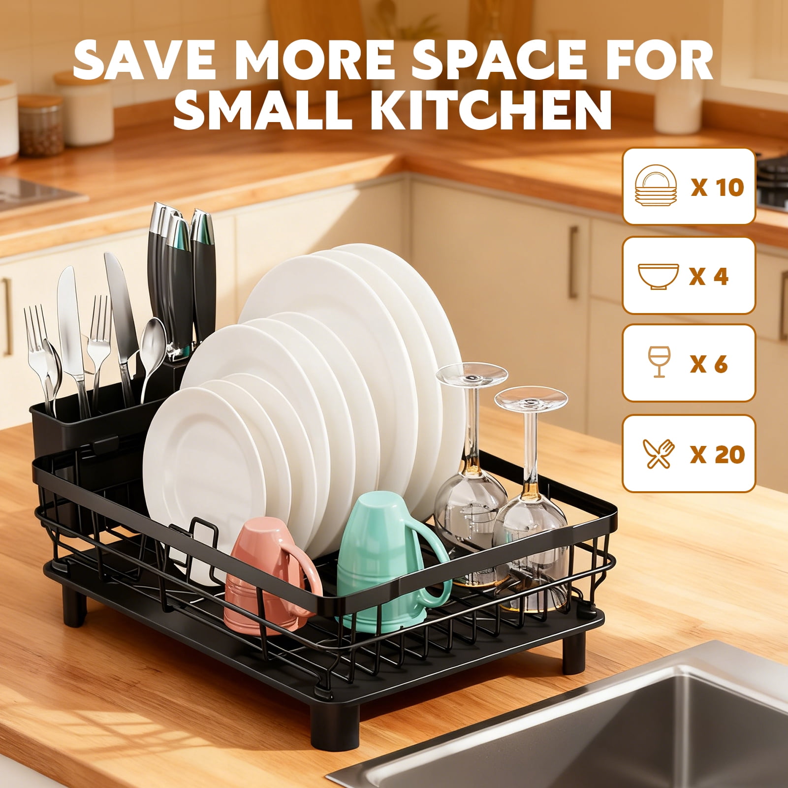 Godance Dish Drying Rack for Kitchen Counter, Stainless Steel Sink Organization and Storage with Cutlery Holder, Anti-Rust Drainage System, Apartment Essentials (Black, 14.9"L x 11"W) - Image 3