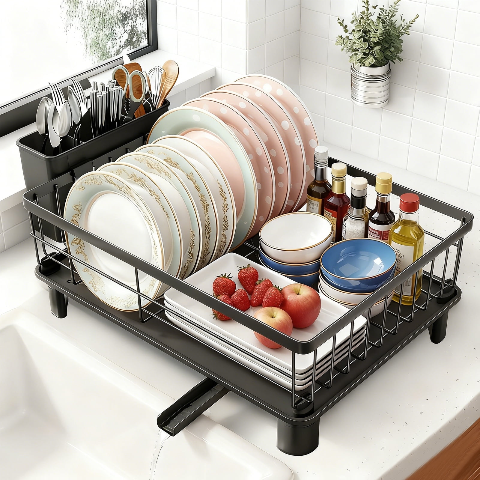 Godance Dish Drying Rack for Kitchen Counter, Stainless Steel Sink Organization and Storage with Cutlery Holder, Anti-Rust Drainage System, Apartment Essentials (Black, 14.9"L x 11"W) - Image 4