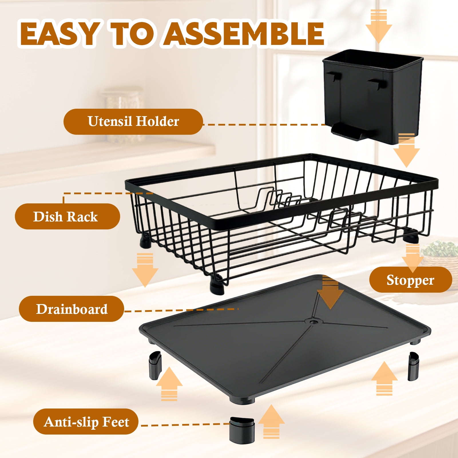 Godance Dish Drying Rack for Kitchen Counter, Stainless Steel Sink Organization and Storage with Cutlery Holder, Anti-Rust Drainage System, Apartment Essentials (Black, 14.9"L x 11"W) - Image 2
