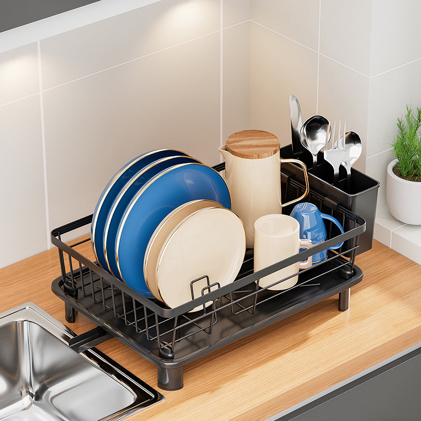 Godance Dish Drying Rack for Kitchen Counter, Stainless Steel Sink Organization and Storage with Cutlery Holder, Anti-Rust Drainage System, Apartment Essentials (Black, 14.9"L x 11"W) - Image 5