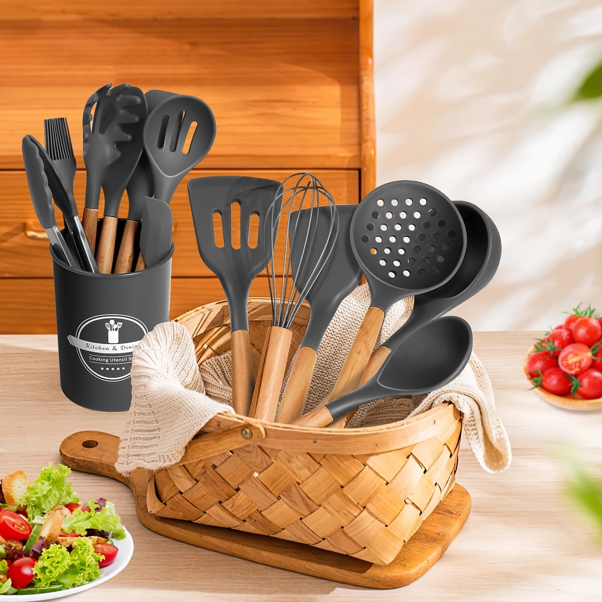 GPED 29 Pcs Silicone Kitchen Utensil Set, Cooking Utensils Set with Wooden Handle, Food Grade Silicone Spatula Set, BPA-Free, 446°F Heat Resistant Kitchen Gadgets Tools Set, Gray - Image 5