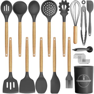 GPED 29 Pcs Silicone Kitchen Utensil Set, Cooking Utensils Set with Wooden Handle, Food Grade Silicone Spatula Set, BPA-Free, 446°F Heat Resistant Kitchen Gadgets Tools Set, Gray