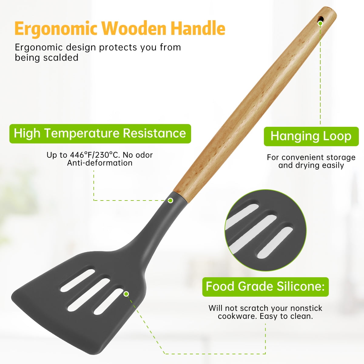 GPED 29 Pcs Silicone Kitchen Utensil Set, Cooking Utensils Set with Wooden Handle, Food Grade Silicone Spatula Set, BPA-Free, 446°F Heat Resistant Kitchen Gadgets Tools Set, Gray - Image 3