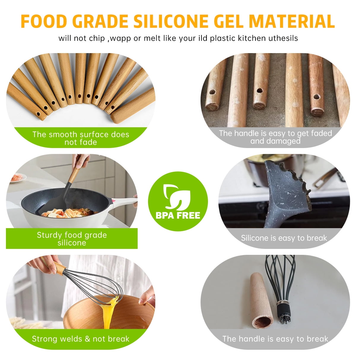 GPED 29 Pcs Silicone Kitchen Utensil Set, Cooking Utensils Set with Wooden Handle, Food Grade Silicone Spatula Set, BPA-Free, 446°F Heat Resistant Kitchen Gadgets Tools Set, Gray - Image 2