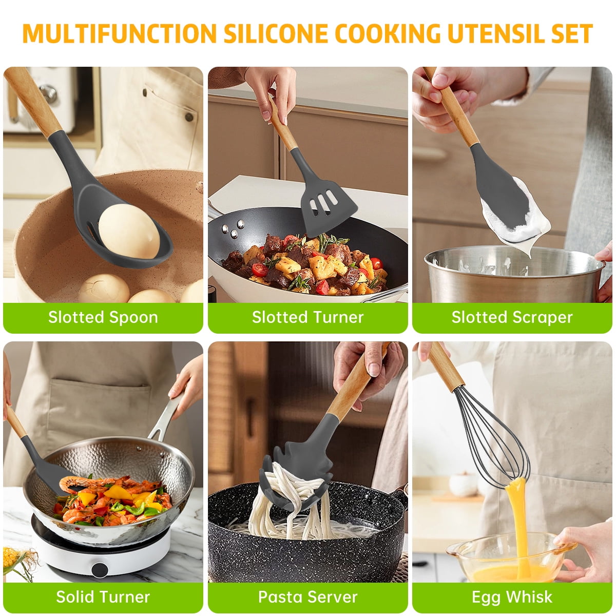GPED 29 Pcs Silicone Kitchen Utensil Set, Cooking Utensils Set with Wooden Handle, Food Grade Silicone Spatula Set, BPA-Free, 446°F Heat Resistant Kitchen Gadgets Tools Set, Gray - Image 4