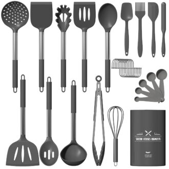 GPED Silicone Cooking Utensil Set, 30 Pcs Kitchen Utensils Set with Stainless Steel Handle, Food Grade Silicone Spatula Set, BPA-Free, Non-stick Heat Resistant Silicone Cookware, Gray