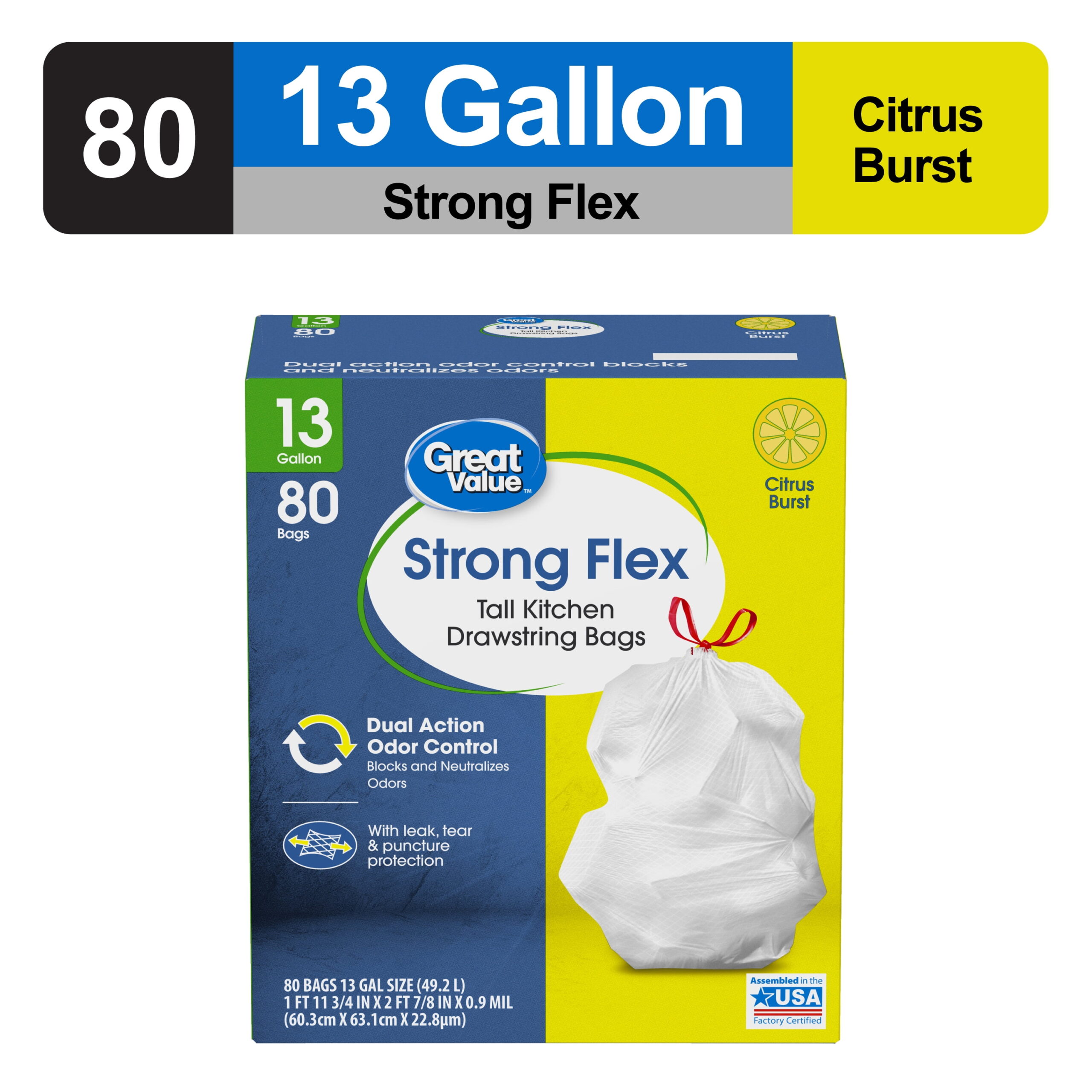 Great Value Strong Flex 13-Gallon Drawstring Tall Kitchen Trash Bags, Citrus Burst, 80 Count - Image 4