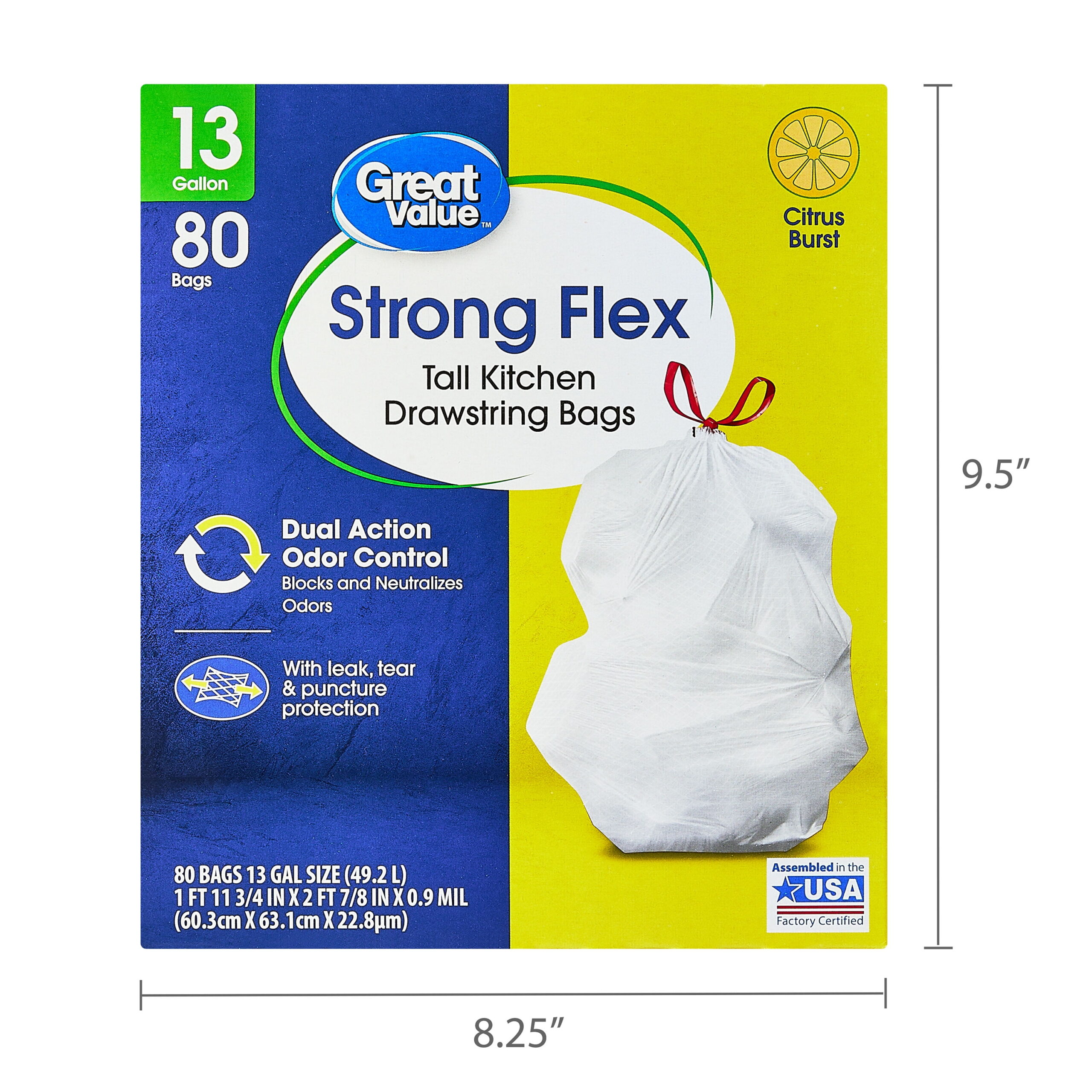 Great Value Strong Flex 13-Gallon Drawstring Tall Kitchen Trash Bags, Citrus Burst, 80 Count - Image 3