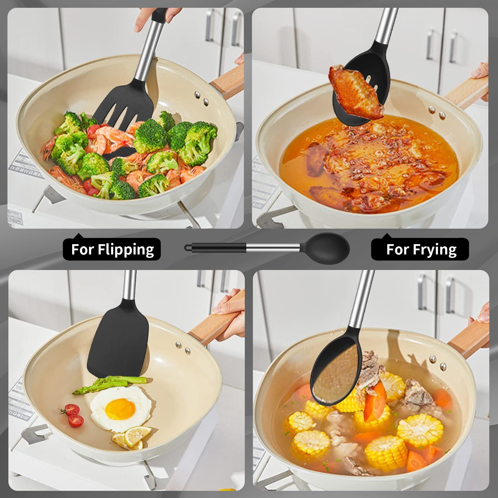 GYDEK Silicone Cooking Spatulas and Spoons, 4 Pack Heat Resistant Silicone Cooking Utensils Set, Non-stick Large Kitchen Silicone Spatula and Spoons for Cooking, Mixing, Serving, Draining(Black) - Image 3
