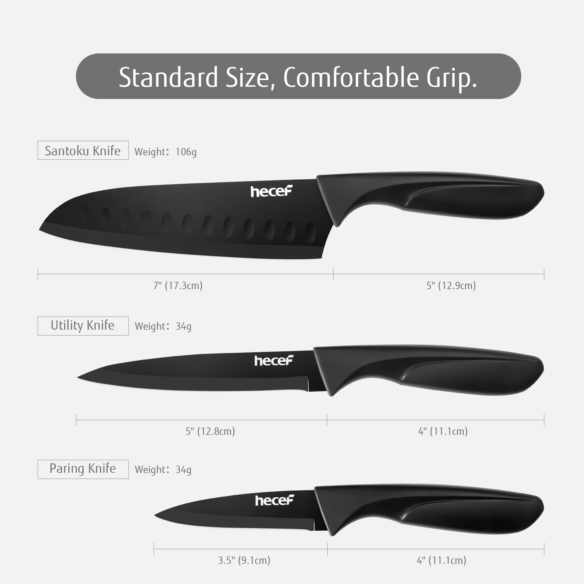 Hecef 3-Piece Kitchen Knife Set Chef, Santoku and Paring Knives, Ultra Sharp, Rust-Resistant - Image 3