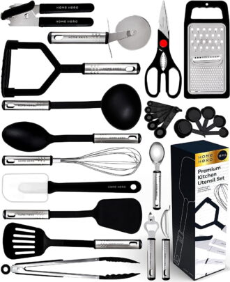 Home Hero 25 Pcs Silicone Spatula Kitchen Utensils Set - Stainless Steel and Nylon, Black