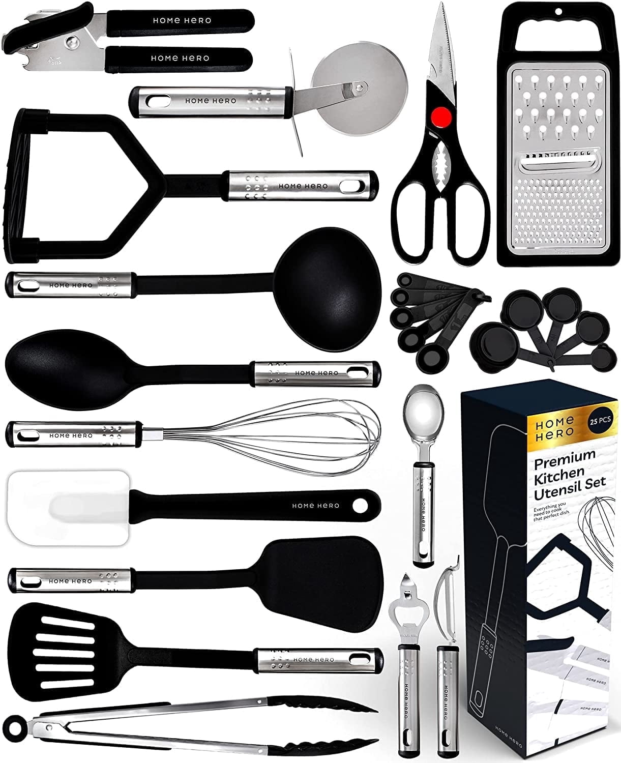 Home Hero 25 Pcs Silicone Spatula Kitchen Utensils Set - Stainless Steel and Nylon, Black