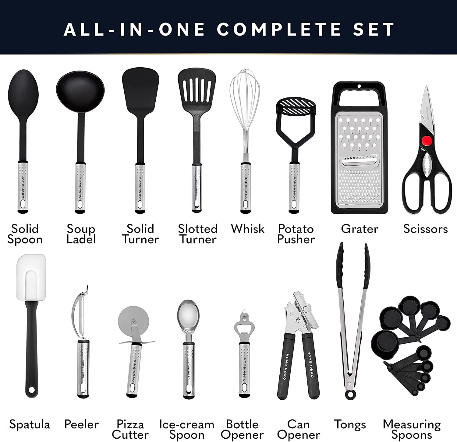 Home Hero 25 Pcs Silicone Spatula Kitchen Utensils Set - Stainless Steel and Nylon, Black - Image 2