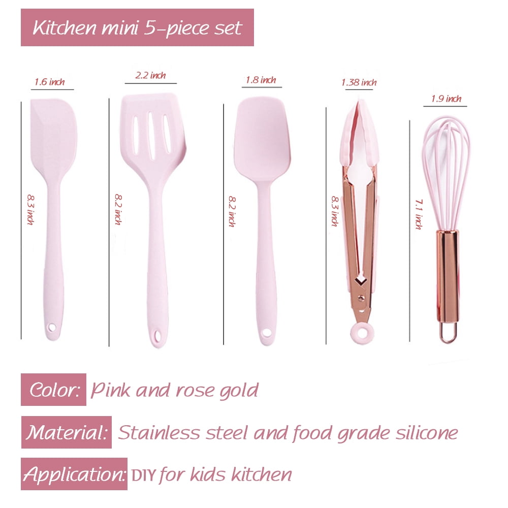 Hvanam Rose Gold And Pink Kitchen Utensil Small Five-Piece Set Mini Silicone Kids Kitchen Tools Whisk Spatula Tongs Spoon And Slotted Spatula(Pink 5 Piece) - Image 3