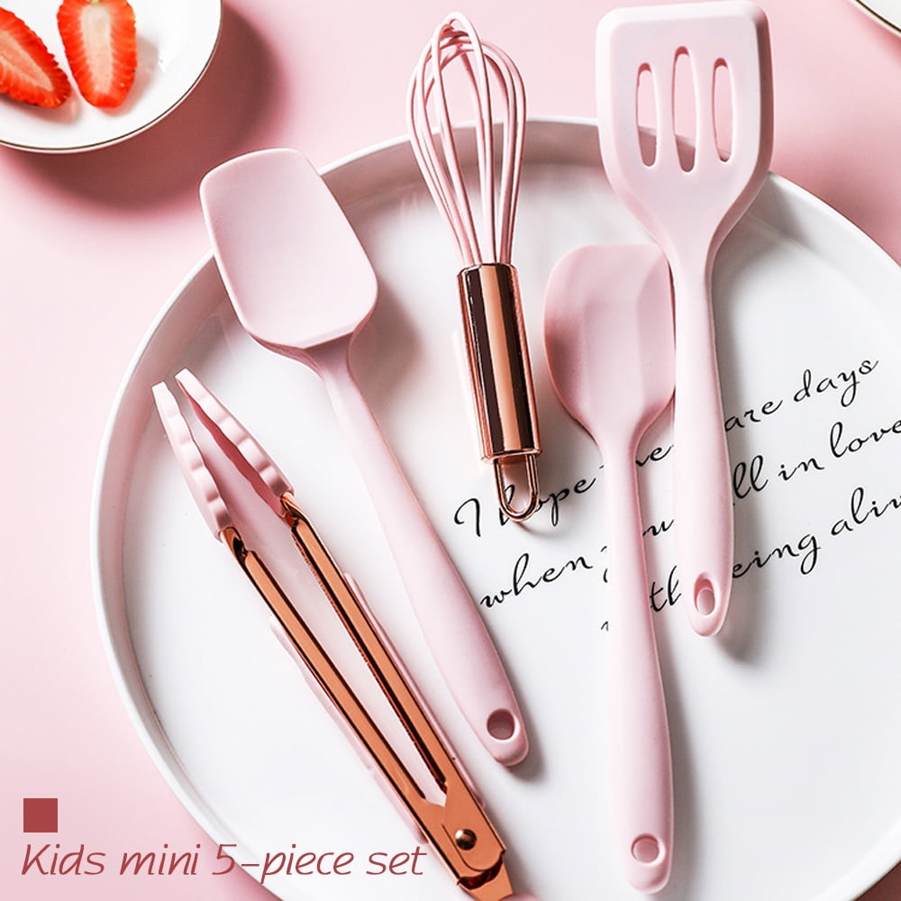 Hvanam Rose Gold And Pink Kitchen Utensil Small Five-Piece Set Mini Silicone Kids Kitchen Tools Whisk Spatula Tongs Spoon And Slotted Spatula(Pink 5 Piece) - Image 2