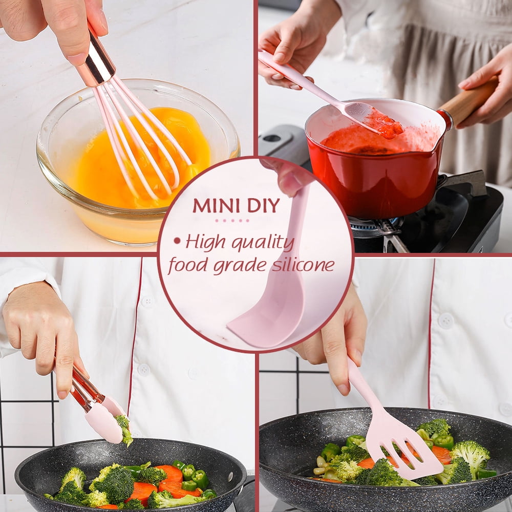 Hvanam Rose Gold And Pink Kitchen Utensil Small Five-Piece Set Mini Silicone Kids Kitchen Tools Whisk Spatula Tongs Spoon And Slotted Spatula(Pink 5 Piece) - Image 4