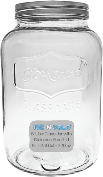 ICE N COLD 2 Gallon Glass Jar / 8-Liter Capacity / 270 Ounce Capacity – Clear Wide Mouth Container for Storage, Kitchen, Pantry, and Laundry.