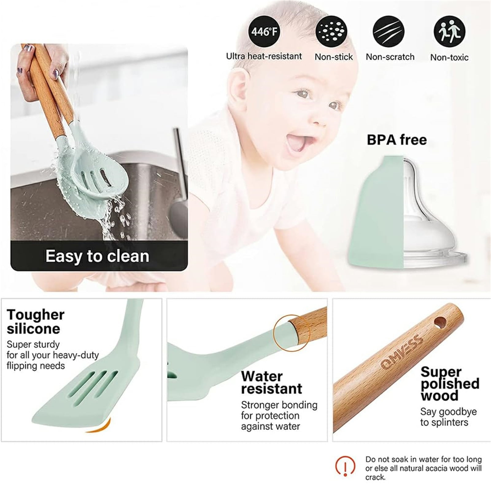 ikaufen Kitchen Utensil Set, 12 Piece Silicone Cooking Utensils Heat Resistant Kitchen Tools, Non-Stick Baking Cooking Spoon Tools - Image 4