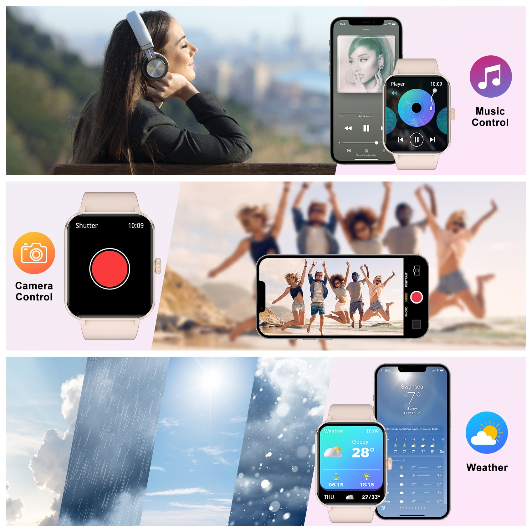 IOWODO 1.85 Smart Watch with Bluetooth Call (Answer/Make), 100+ Sports Modes, AI Voice Assistant, IP68 Waterproof Fitness Tracker for Android and iPhone, Gift for Women Men (Pink) - Image 3
