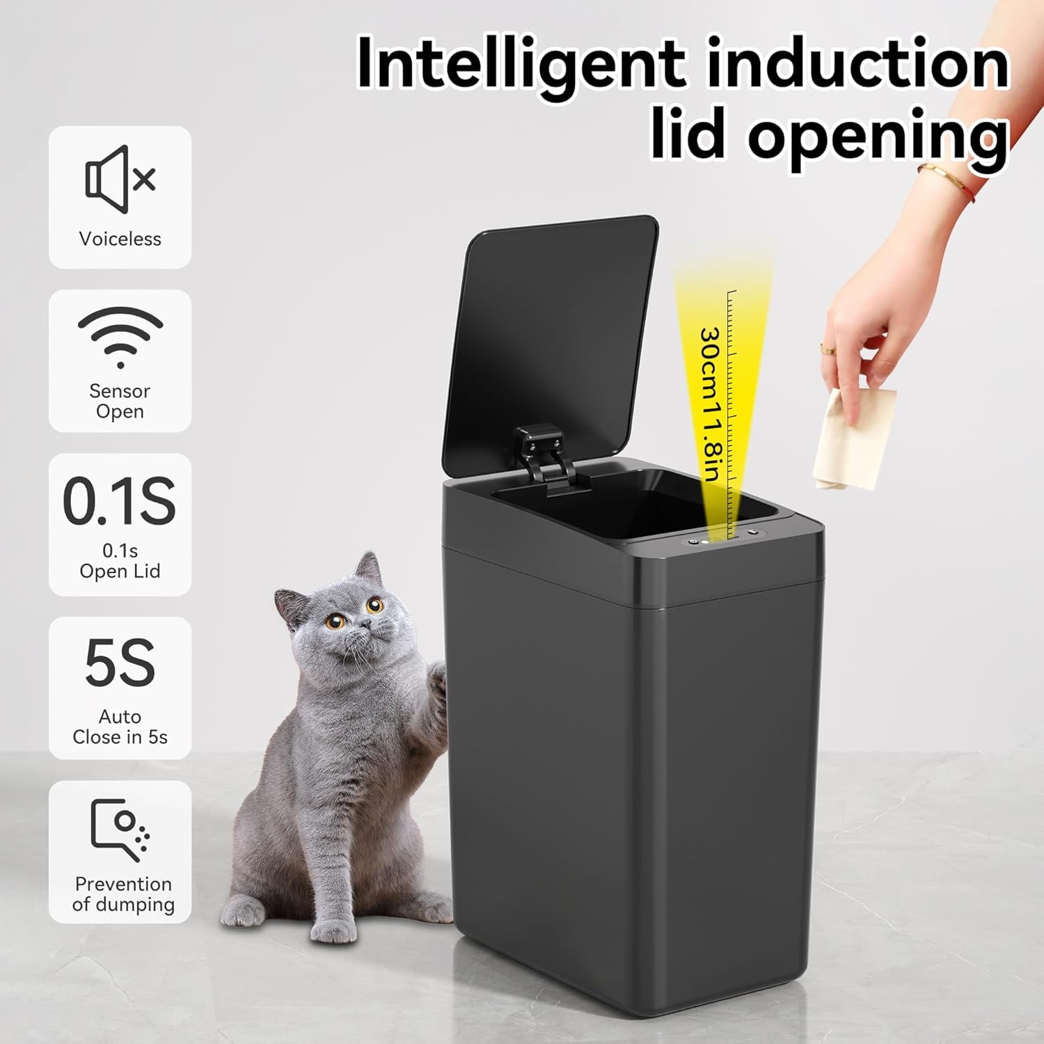 IRINNA 2Pack Bathroom Small Trash Can with Lid, 2.6 Gallon Touchless Automatic Garbage Can Slim Waterproof Motion Sensor Smart Trash Bin for Bedroom, Office, Kitchen, Living Room (Black) - Image 3