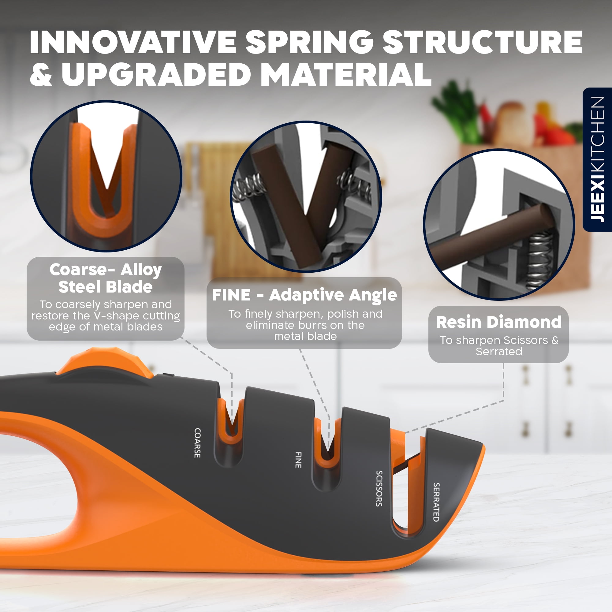 JEEXI Adjustable 3-Stages Knife Sharpener – 5 Angle Manual Sharpener for Kitchen, Chef, Hunting, Fillet, Pocket, Cleaver & Serrated Knives – Ergonomic Handle, Scissor Slot, Coarse & Fine Stages - Image 3