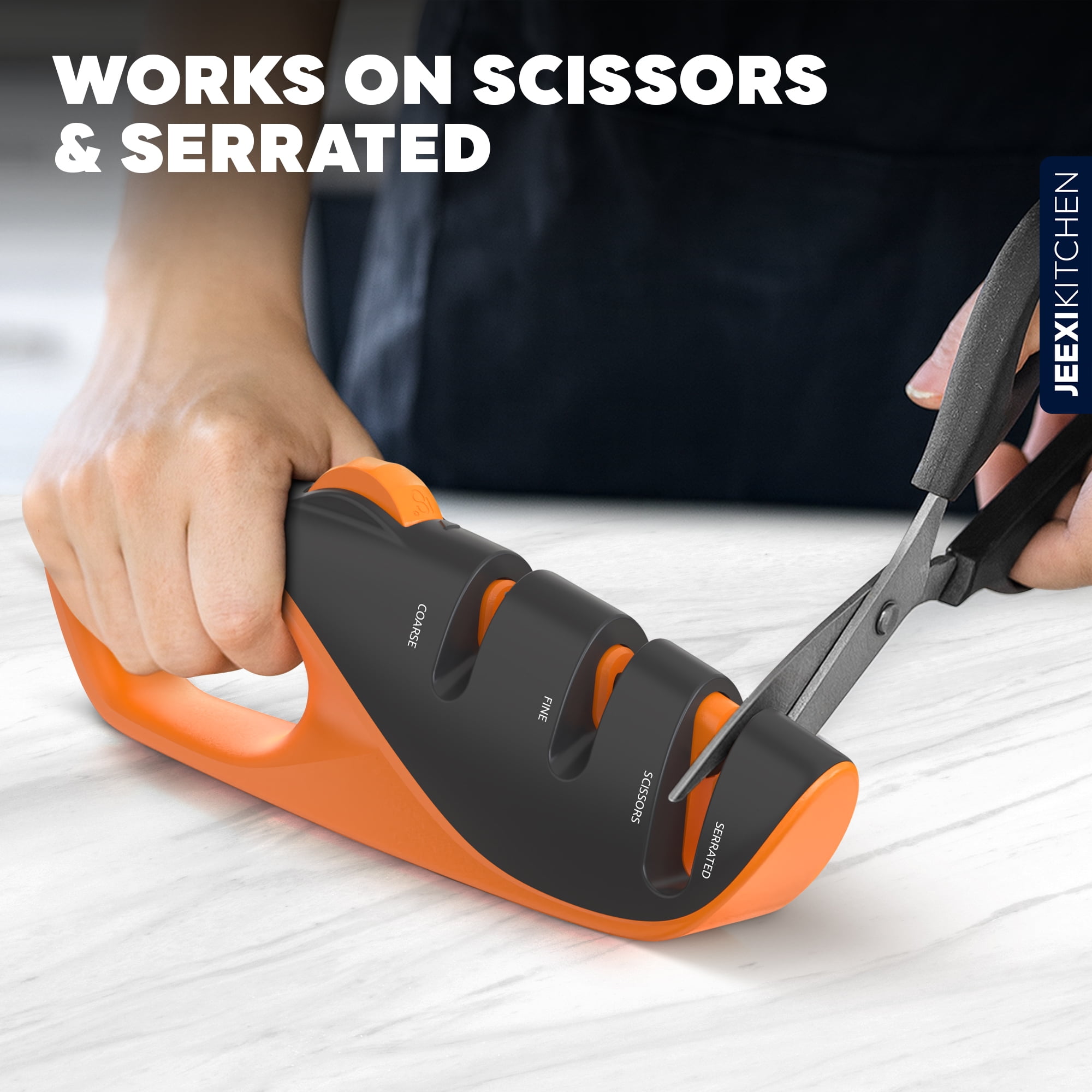 JEEXI Adjustable 3-Stages Knife Sharpener – 5 Angle Manual Sharpener for Kitchen, Chef, Hunting, Fillet, Pocket, Cleaver & Serrated Knives – Ergonomic Handle, Scissor Slot, Coarse & Fine Stages - Image 5