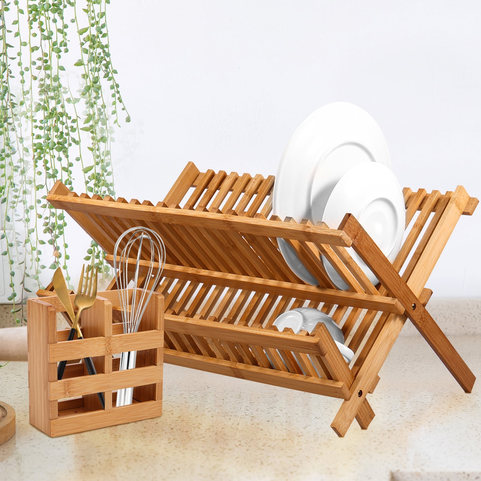 Jetcloudlive Bamboo Dish Drying Rack with Utensil Holder,Collapsible Wooden Dish Drainer Rack,2-Tier Large Folding Drying Holder for Kitchen Counter - Image 2