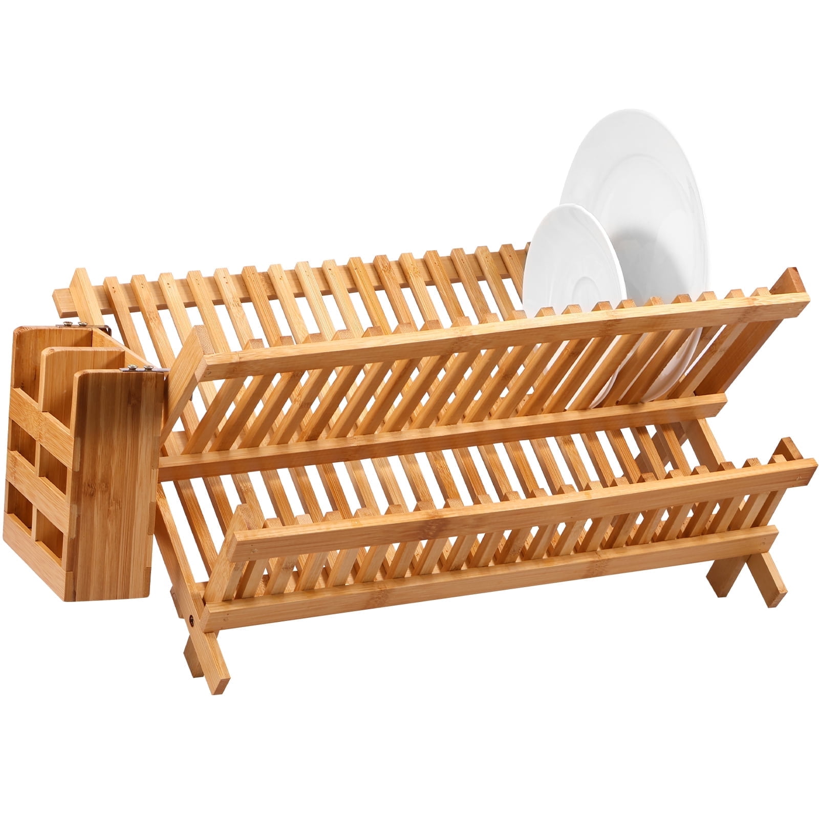 Jetcloudlive Bamboo Dish Drying Rack with Utensil Holder,Collapsible Wooden Dish Drainer Rack,2-Tier Large Folding Drying Holder for Kitchen Counter - Image 3