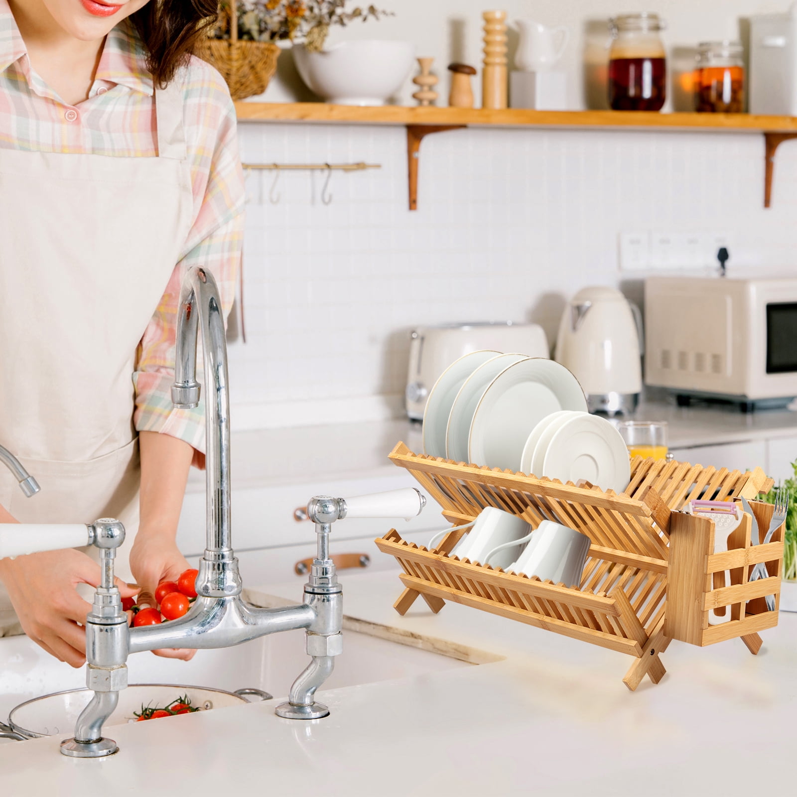 Jetcloudlive Bamboo Dish Drying Rack with Utensil Holder,Collapsible Wooden Dish Drainer Rack,2-Tier Large Folding Drying Holder for Kitchen Counter - Image 4