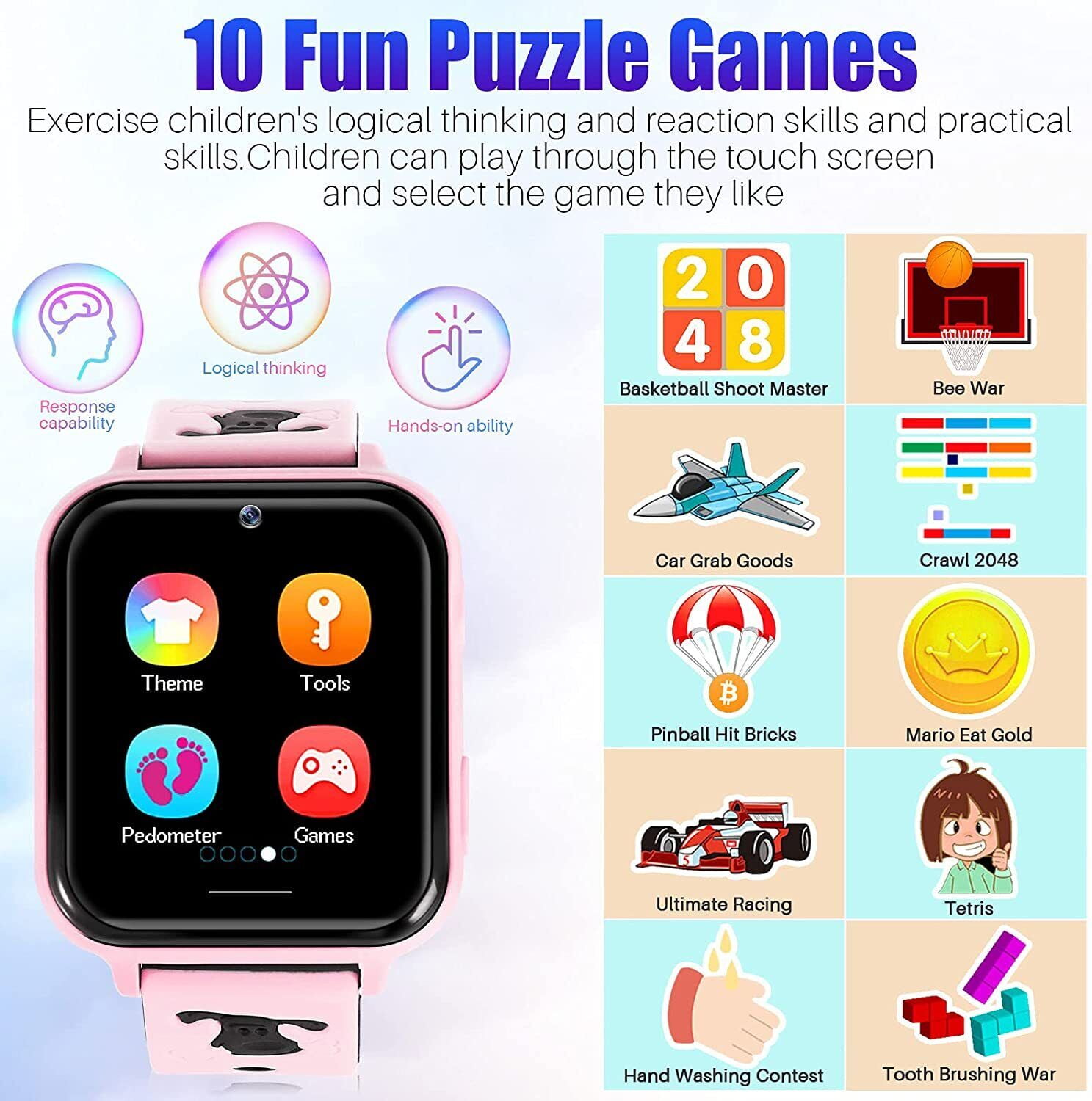 JIAN YA NA Smart Watch for Kids, Kids Watch with 10 Games Camera Music SOS Call Alarm, Birthday Gifts for Age 4-12 Boys Girls(Pink) - Image 2