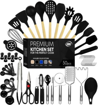 Kaluns Kitchen Utensils Set, 50 Piece Silicone And Stainless Steel Cooking Utensils, Dishwasher Safe and Heat Resistant Kitchen Tools